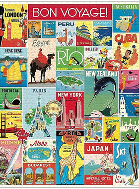 现货美国Cavallini拼图1000片一路顺风图鉴 bon voyage复古装饰画