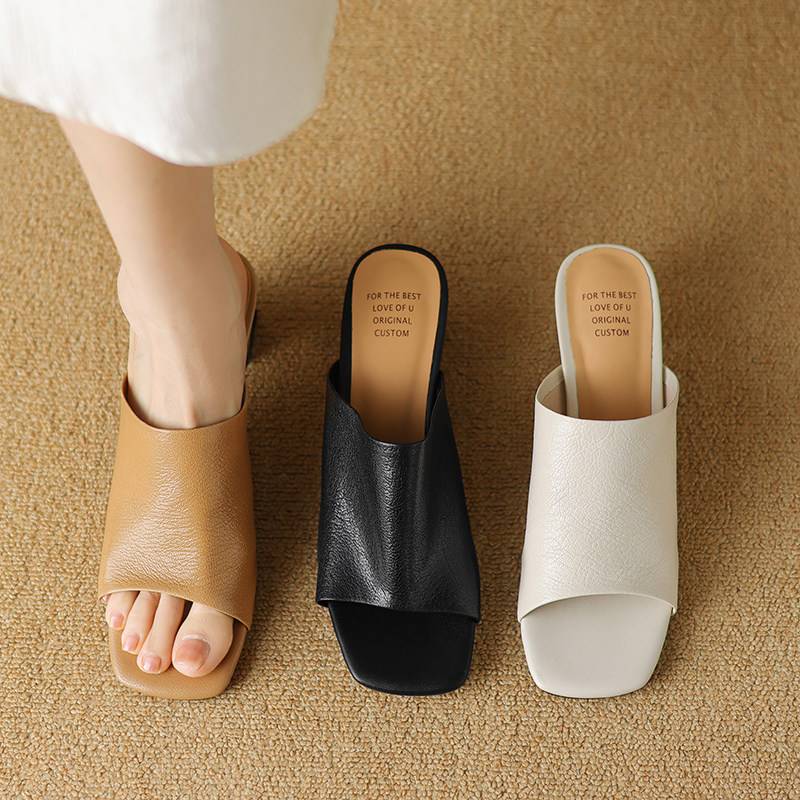 5cm/7cm巨软羊皮高跟拖鞋女外穿真皮粗跟露趾鱼口凉鞋百搭一字拖