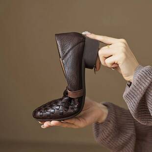 巨舒服超软小羊皮绝美真皮圆头单鞋中跟乐福鞋编织粗跟大码女鞋子