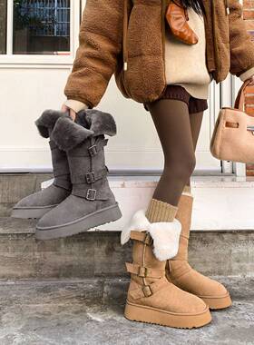 戈丹琳2025冬款灰色雪地靴女皮带扣厚底增高加厚保暖毛靴翻折两穿