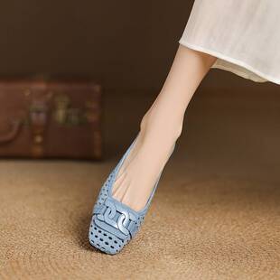 巨舒服超软小羊皮法式单鞋真皮镂空透气2025新款粗跟大码女鞋子夏