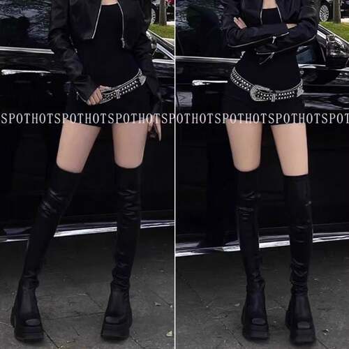 hotspot增高9.5厘米厚底长靴女粗跟显瘦包腿弹力瘦瘦靴女冬过膝靴