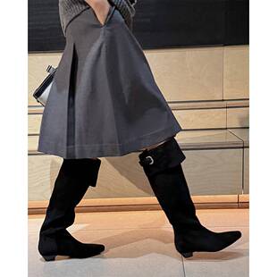 瑞希迪 小众真皮尖头气质中跟长筒堆堆靴高级感百搭时尚绒面女靴