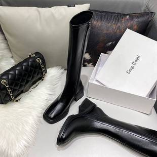 猫熊家显瘦棕色厚底长靴女2025秋冬新款方头粗跟不过膝高筒骑士靴