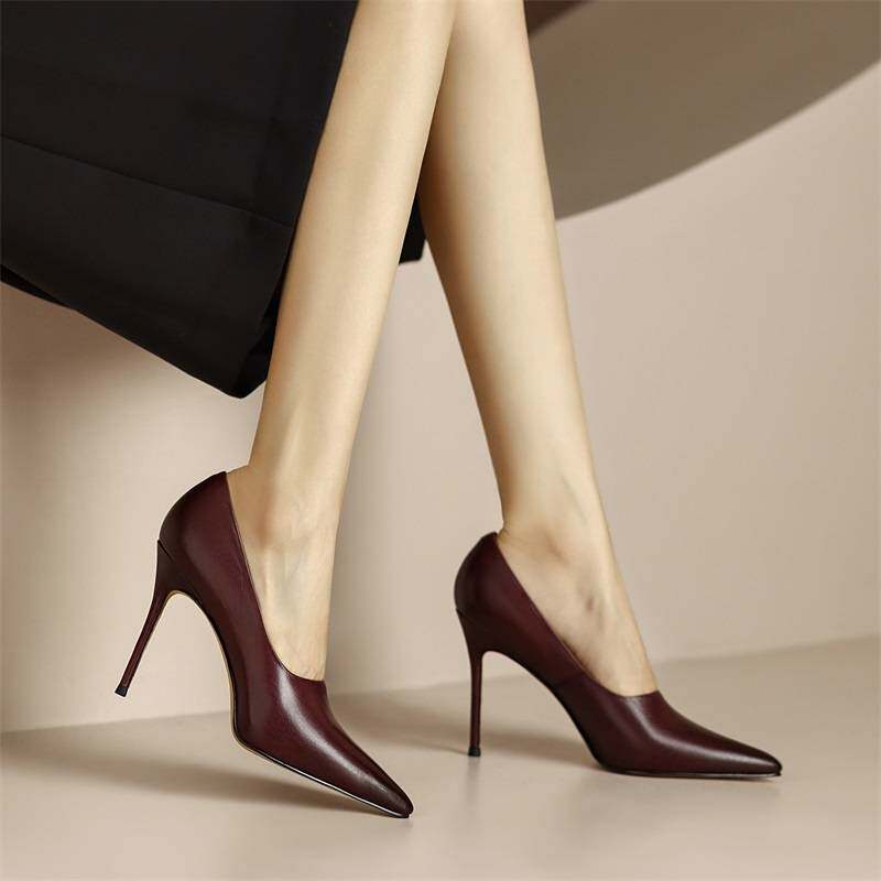 高跟鞋女细跟春季2025新款小众设计感真皮法式气质尖头深口单鞋女