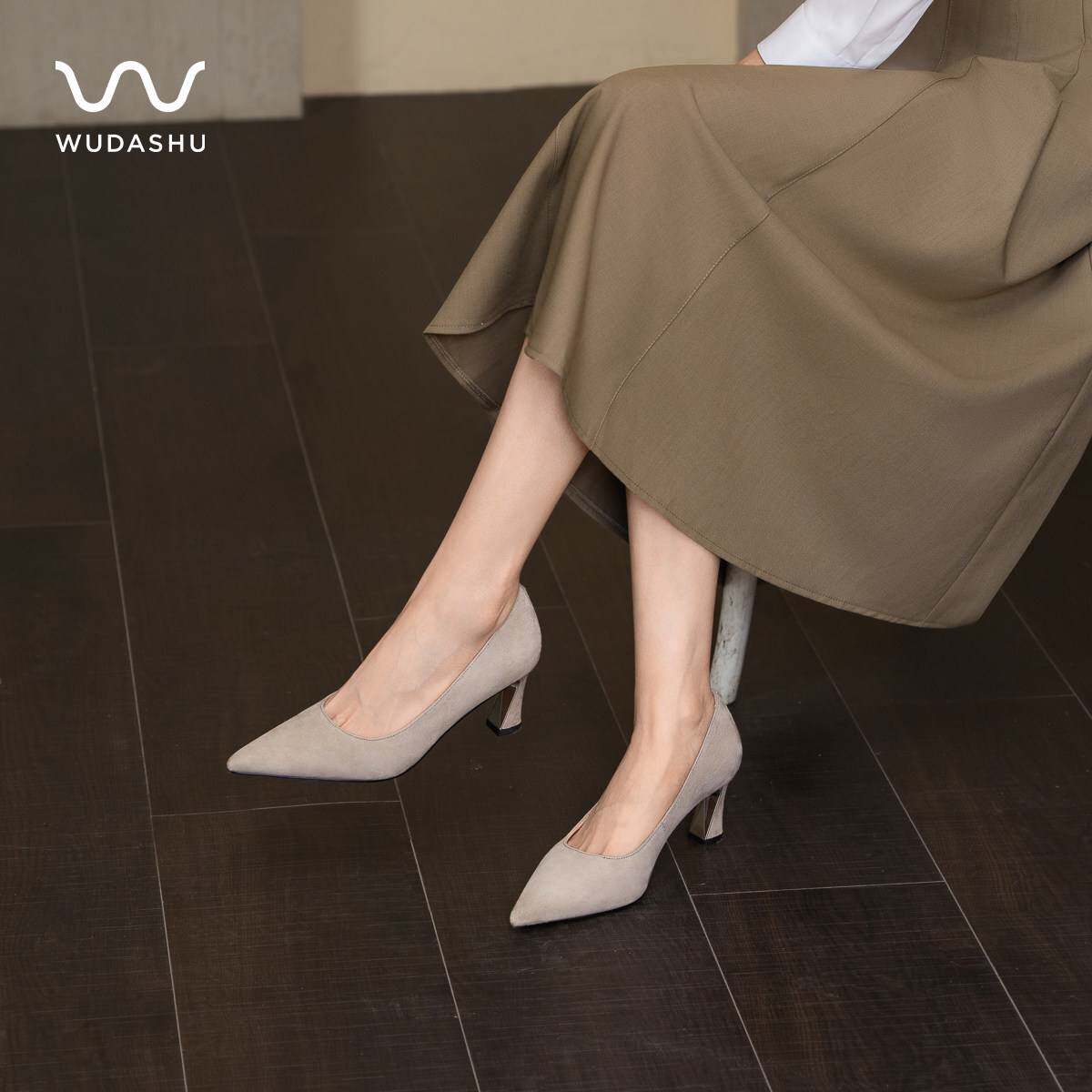 吴大叔真皮法式气质粗跟不累脚百搭通勤高跟鞋宽胖脚配裙子单鞋女
