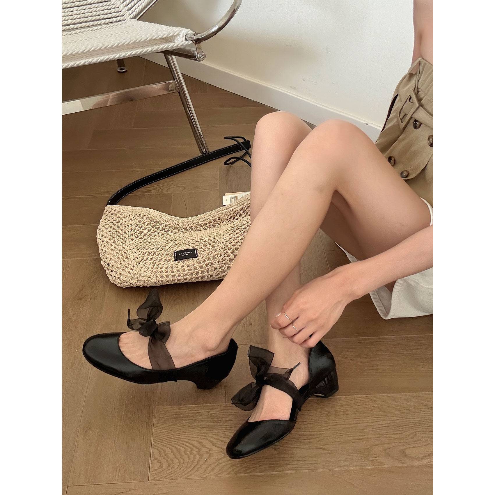 戈丹琳2026新款法式温柔韩系风潜粉色芭蕾鞋女蝴蝶结低跟单鞋百搭