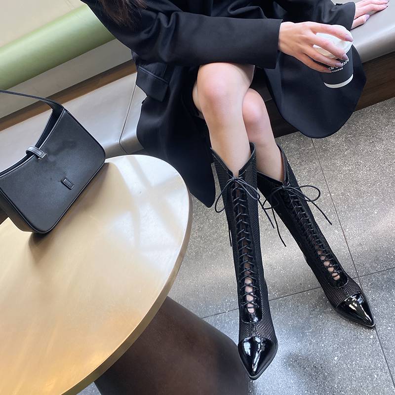夏季长靴女薄款透气V口尖头粗跟中跟长筒骑士靴真皮绑带镂空网靴