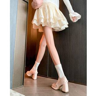 2025春款韩版玛丽珍鞋女一字扣蝴蝶结粗跟高跟漆皮单鞋