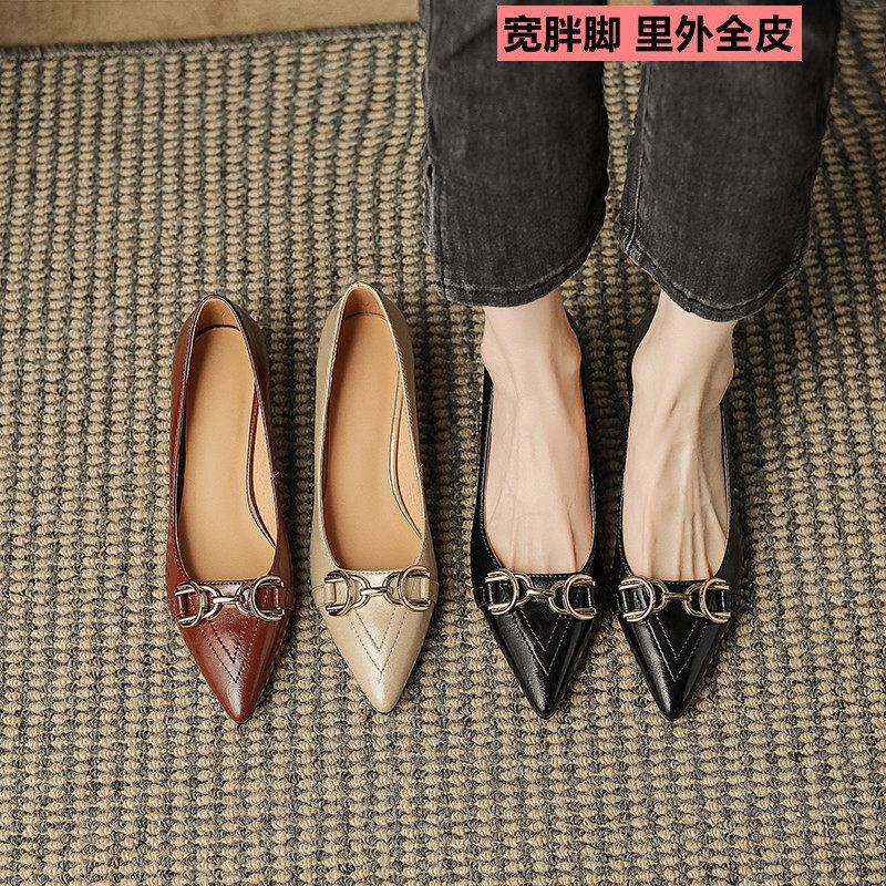 大码女鞋41一43真皮高跟鞋胖mm宽脚肥脚中跟细跟浅口加宽加肥单鞋