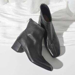 履约~头层牛皮~法式短靴女黑色方头粗跟中跟真皮裸靴百搭瘦瘦靴子
