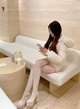 chercher新款恨天高小香风显瘦粗跟增高长筒弹力靴高跟骑士靴子女