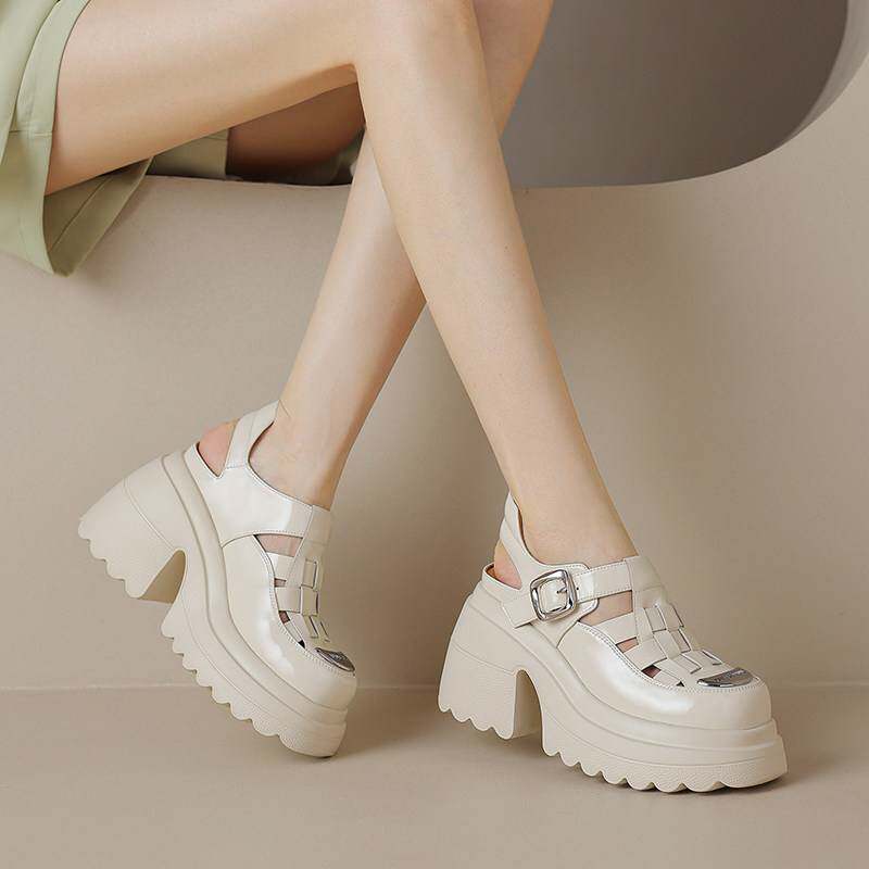 10cm厚底增高包头镂空罗马凉鞋女真皮高跟粗跟小个子松糕鞋夏季