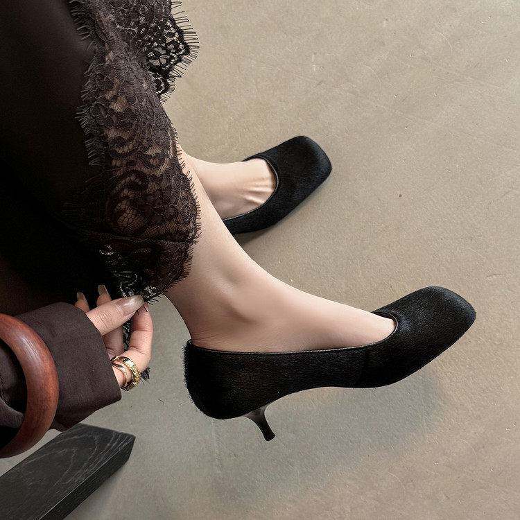 秋忆浓白色高跟鞋女2026新款细跟春款黑色单鞋女方头瓢鞋33码40Dj