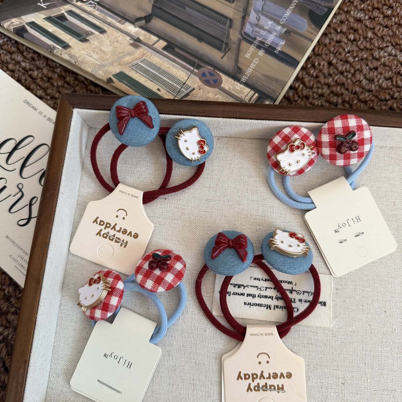 猫咪发圈酒红头绳可爱女孩发饰甜酷牛仔格子皮筋女童扎小辫皮套