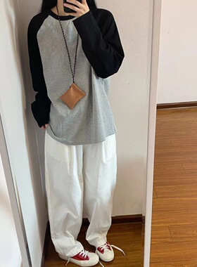 白色工装裤女春秋季日系简约宽松显瘦直筒裤休闲百搭阔腿裤运动裤