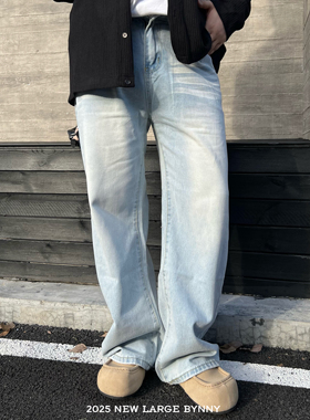 阿胖胖 大码浅蓝色复古水洗做旧牛仔裤男女宽松休闲百搭直筒长裤