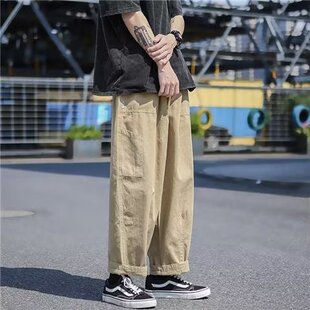 港风文艺盐系纯棉工装裤男特大码加肥宽松垂感阔腿裤多口袋直筒裤