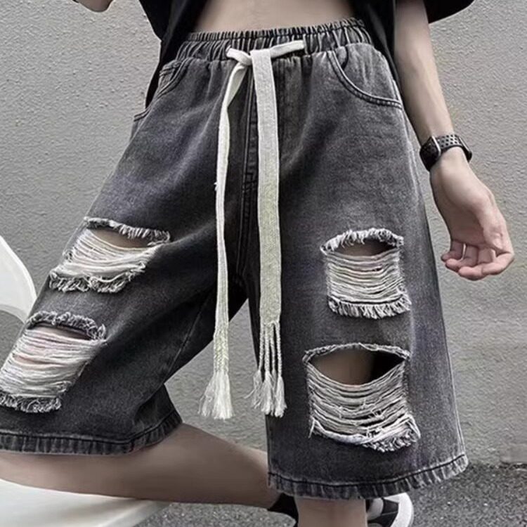 夏季破洞大码美式设计感牛仔短裤图片