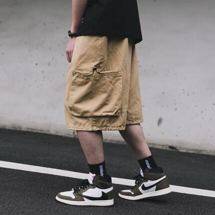 日系纯棉抽绳工装短裤男胖子加大码宽松夏季潮牌街头嘻哈五分裤子