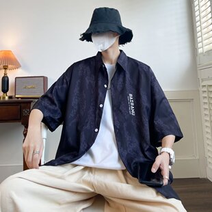 港风扎染满印短袖衬衫男原宿vibe风夏季薄款开衫衬衣加肥大码外套