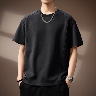 美式 T恤男纯棉宽松透气胖子大码 潮牌夏季 体恤 解构休闲风落肩短袖