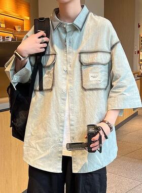 港式熏染风纯棉大码工装衬衫男