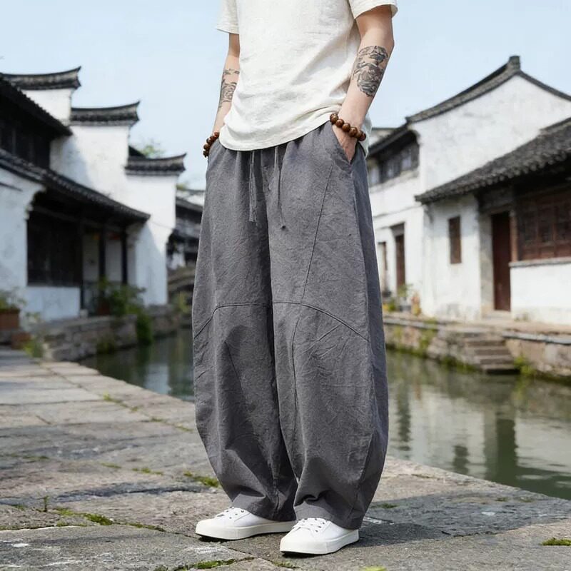 国潮禅系太极裤男夏季薄款亚麻灯笼裤垂感松弛加肥大码透气弯刀裤图片