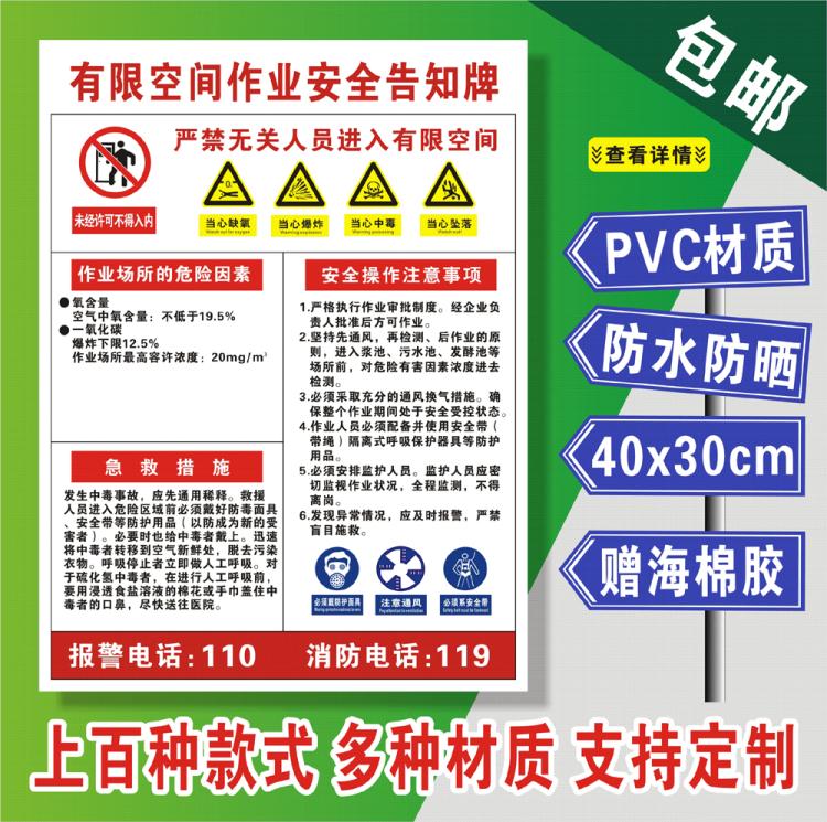 有限空间作业安全告示牌 严禁入内密闭空间标识牌注意当心标识牌