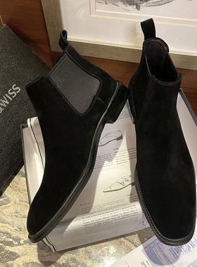 CW冬季切尔西靴男真皮短靴翻毛英伦一脚蹬加绒正装马丁靴高帮商务