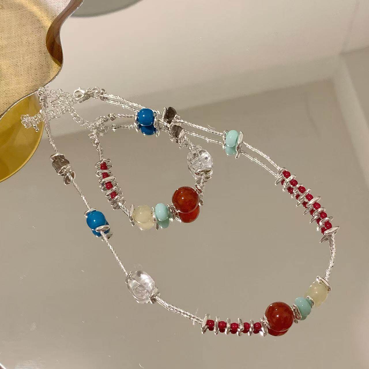 碎银子红色圆珠串珠项链女韩系ins小众百搭手链复古高级感锁骨链