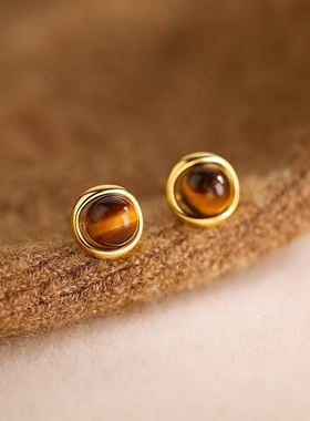 s925银针虎眼石耳钉高级感精致时尚复古圆形耳环轻奢小众百搭耳饰