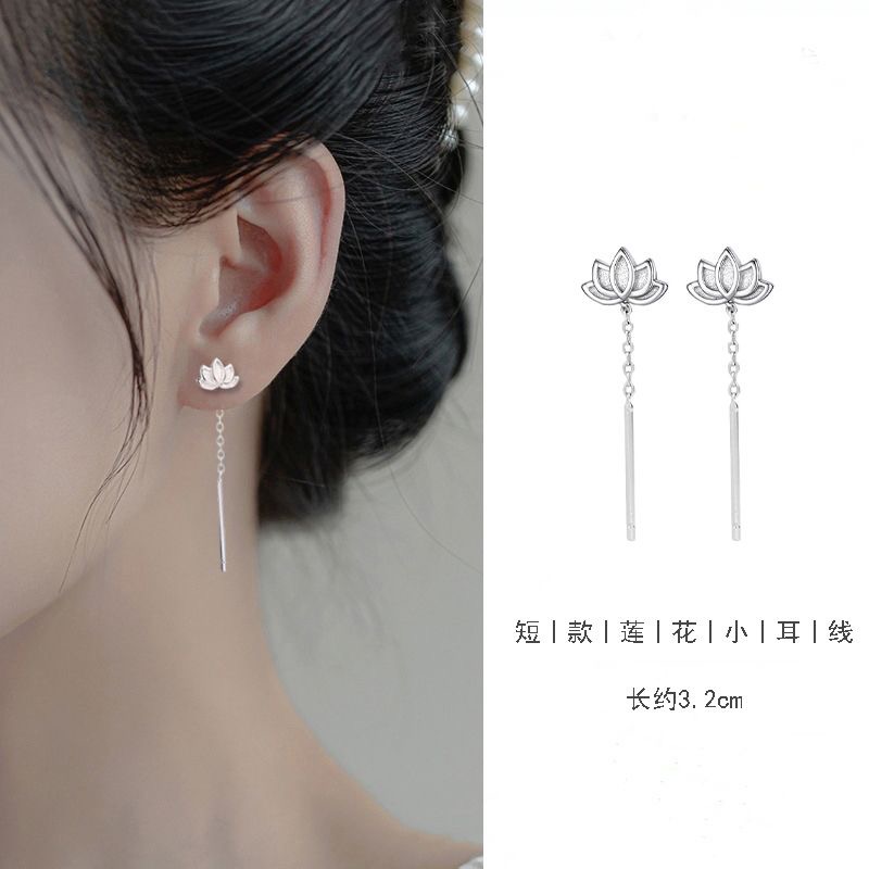 s925纯银莲花耳线女新中式国风设计感短款流苏耳链气质小清新耳环