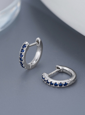 925银针蓝色锆石圆圈耳扣女睡觉免摘高级感微镶小耳骨环耳圈耳饰