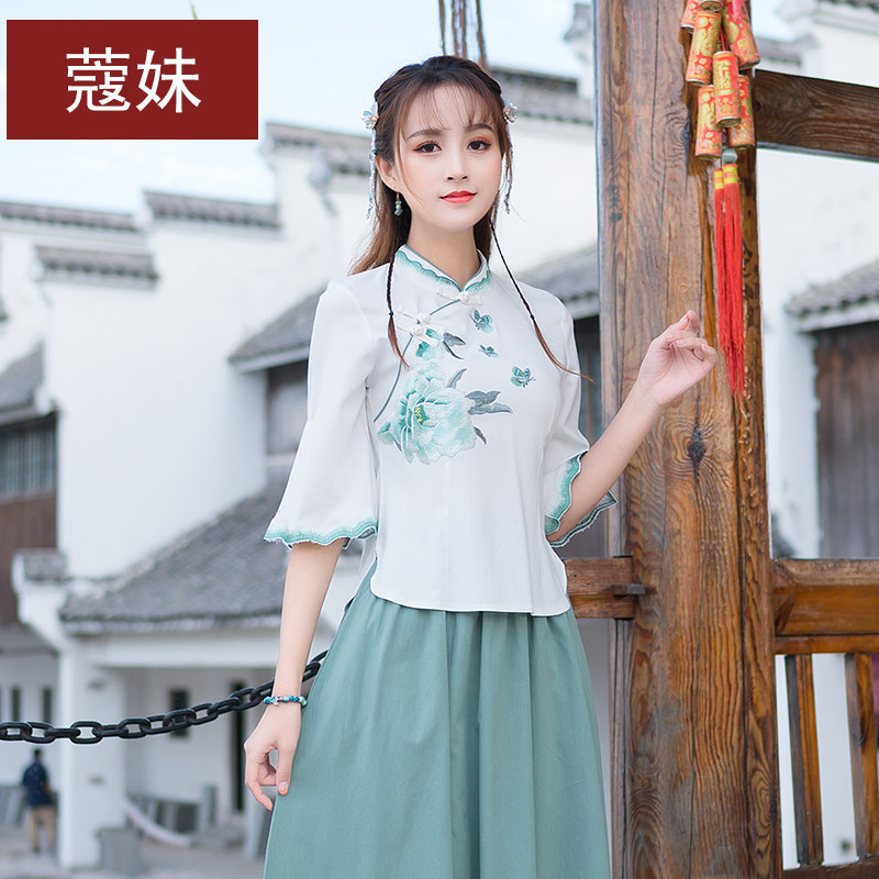 绣花中式棉麻上衣复古唐装汉服中国风民国风女装改良旗袍式夏季