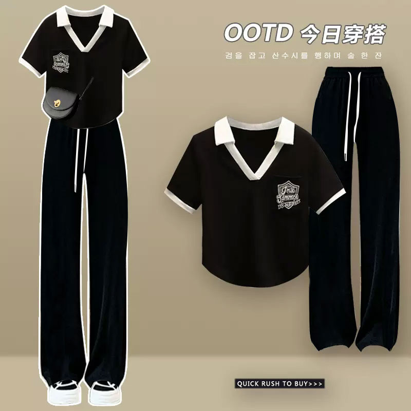 여성을위한 폴로 칼라 반팔 여름 정장 2023 연령 감소 캐주얼 와이드 레그 팬츠 탑을위한 새로운 소금 스타일 투피스 세트