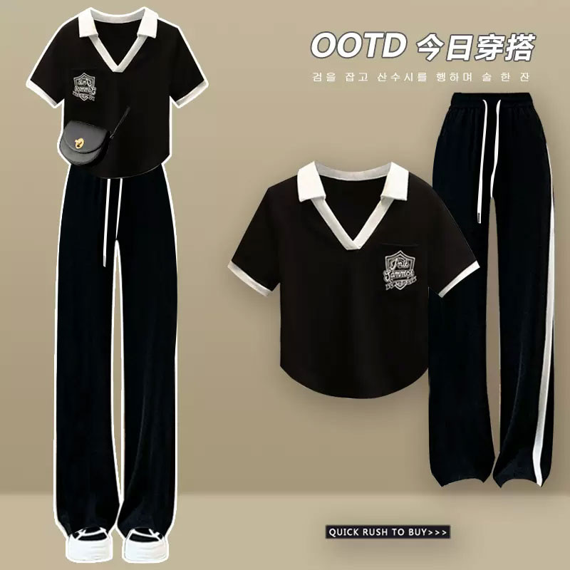 여성을위한 폴로 칼라 반팔 여름 정장 2023 연령 감소 캐주얼 와이드 레그 팬츠 탑을위한 새로운 소금 스타일 투피스 세트