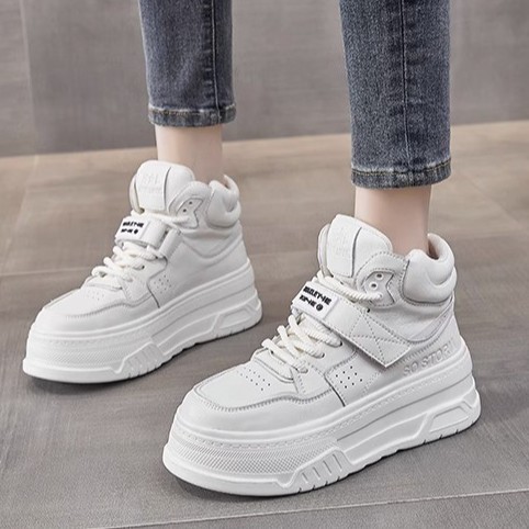 真皮厚底高帮小白鞋女2025秋冬增高百搭板鞋加绒棉鞋高帮加绒棉款