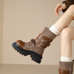 2025秋冬新款 厚底内增高中筒靴女复古西部牛仔靴子粗跟百搭骑士靴