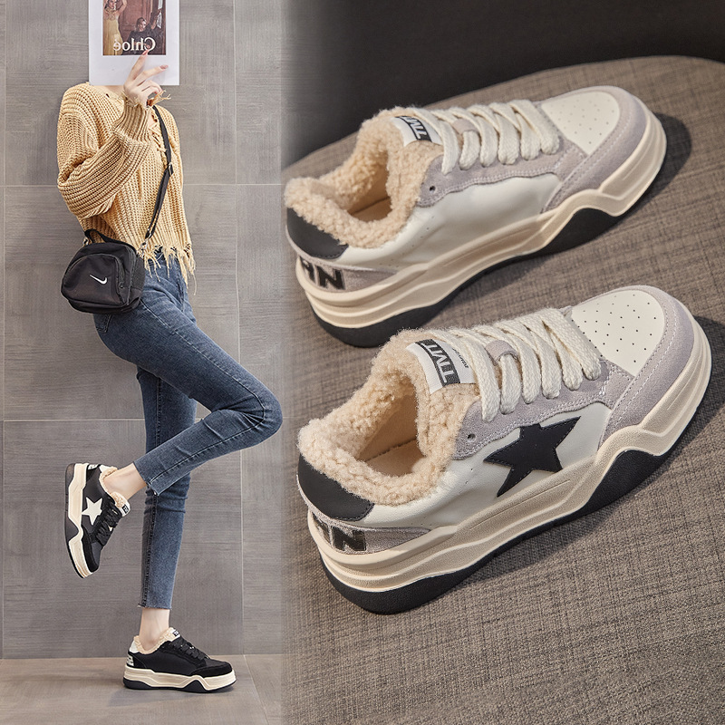 磨砂皮雪地靴2024冬加绒大棉女鞋百搭休闲板鞋厚底增高运动小白鞋
