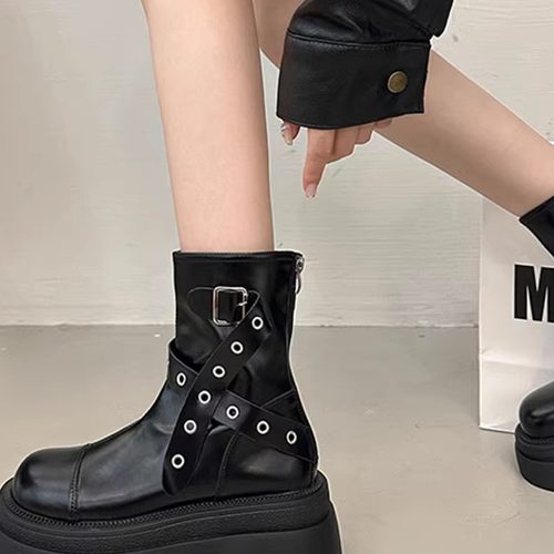小个子厚底增高粗跟短靴真皮马丁靴女款皮带扣机车靴中筒靴骑士靴