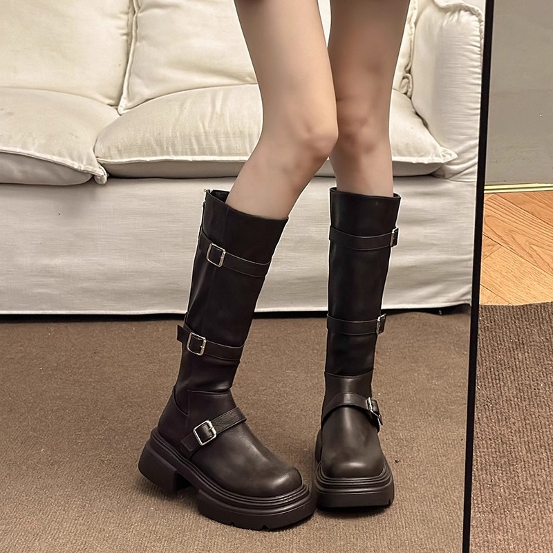 真皮厚底靴子女不过膝长筒靴2025秋冬新款皮带扣小个子高筒骑士靴