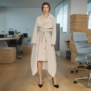 欧美英伦风假两件外套2026春季高级感不规则双层系带风衣女潮涤纶