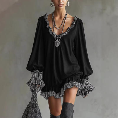 2025亚马逊速卖通短款气质显瘦连衣裙木耳边黑色复古裙子休闲中腰