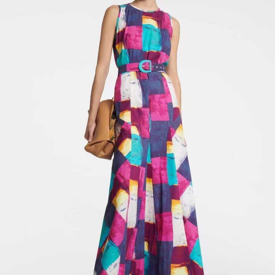 澳洲小众格子撞色印花圆领无袖腰带收腰显瘦2023春秋新品连衣裙女