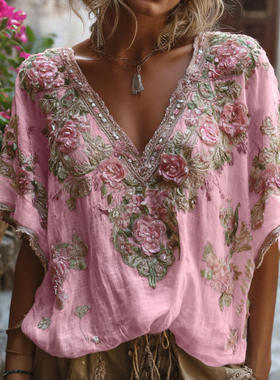 新款2025欧美女装 亚马逊 独立站 3D数码印花 V领中袖 上衣打底衫