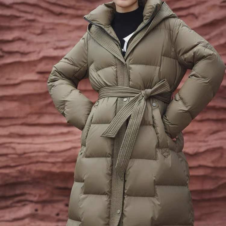 新款秋冬高端腰带羽绒服女连帽气质修身中长款加厚保暖外套潮