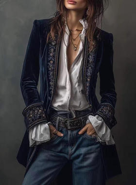 2025欧美女装 亚马逊 独立站 速卖通 长袖纯色拼接花边金丝绒外套