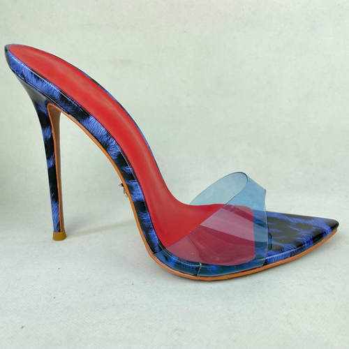 跨境时装凉鞋欧美尖头蓝色豹纹PVC细跟外贸女鞋high heels高跟鞋