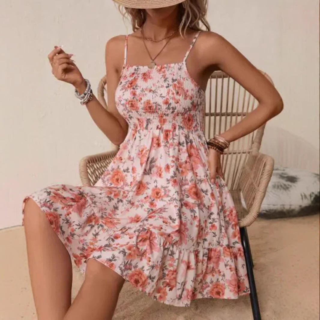 2025春夏季亚马逊独立站欧美吊带花卉印花女士连衣裙ME443
